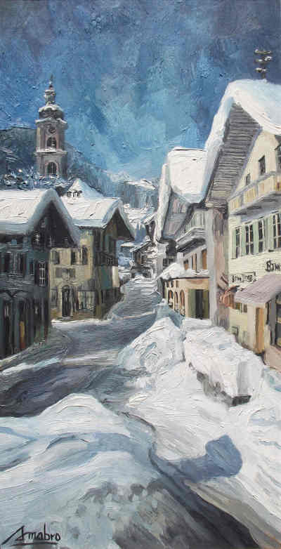 Swiss Snow Scene, 12inx16in Oil on canvas